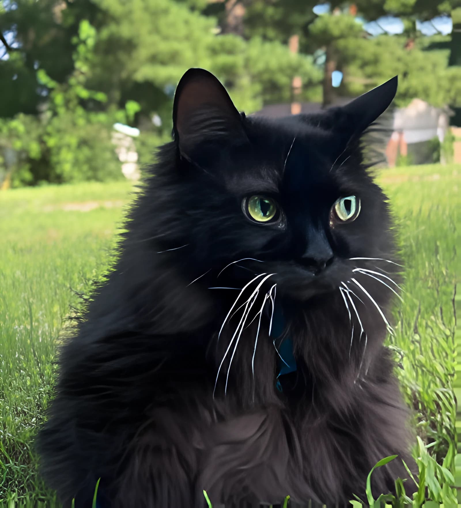 Meemers sitting in long grass, staring directly at the camera